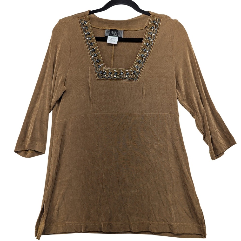 Slinky Brand Bronze Beaded Square Neck Tunic‎ Top 3/4 Sleeve Brown Small